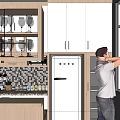 Modern Kitchen Interior With Cabinets Bar Counter Two Stools Glasses And Person By Window