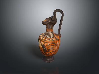 Traditional Pottery Jug With Animal Head Design And Intricate Brown Orange Patterns 3d model