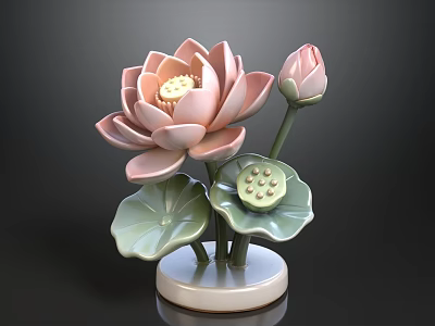 Ceramic Lotus Decorative Ornament Set With Pink Petals Budding Flower Green Leaves Seed Pod And Base 3d model
