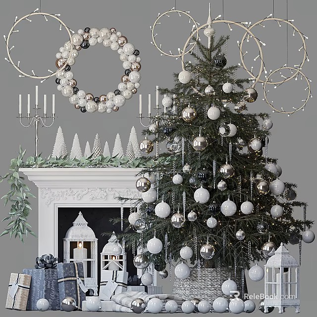 Christmas Tree Decorated With Silver And White Balls Near Fireplace With Wreath Candles And Lanterns 3d model 