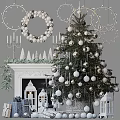Christmas Tree Decorated With Silver And White Balls Near Fireplace With Wreath Candles And Lanterns
