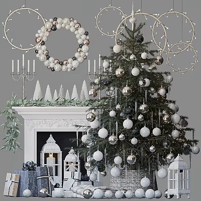 Christmas Tree Decorated With Silver And White Balls Near Fireplace With Wreath Candles And Lanterns 3d model