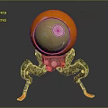 Orange Spherical Robotic Character With Green Mechanical Legs And Blue Details