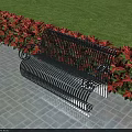 Stylish Garden Ornament With Black Metal Bench Red Flowers Gray Tiled Floor And Green Lawn