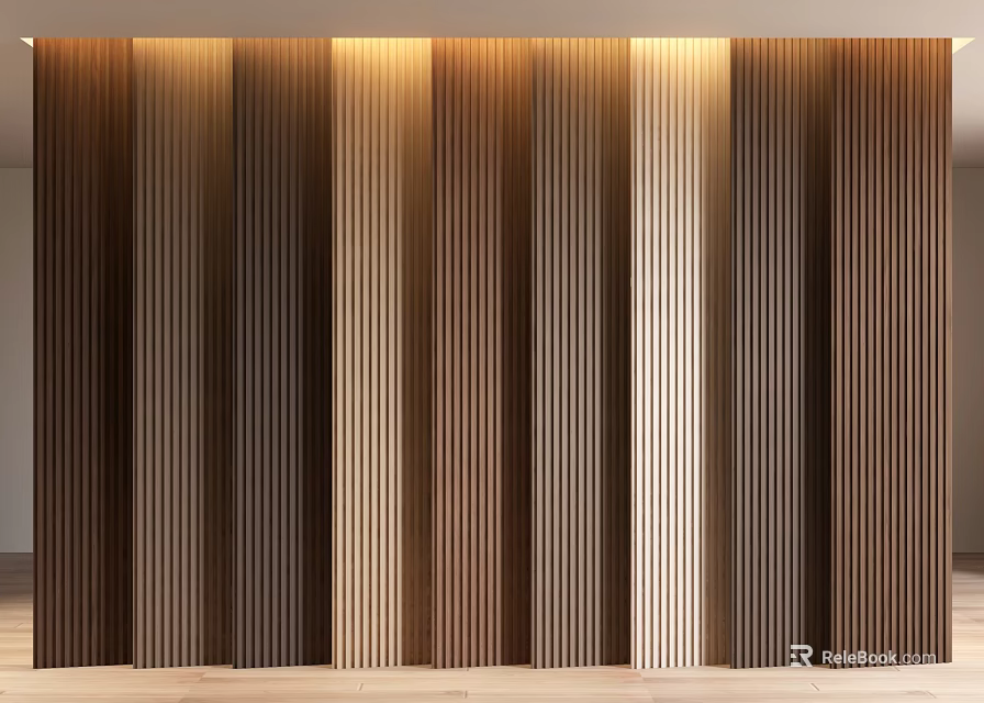 Modern Wooden Vertical Slat Wall Paneling With Warm Tones And Soft Lighting 3d model 