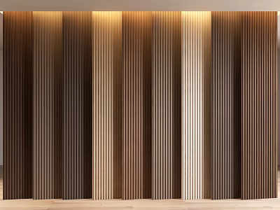 Modern Wooden Vertical Slat Wall Paneling With Warm Tones And Soft Lighting 3d model