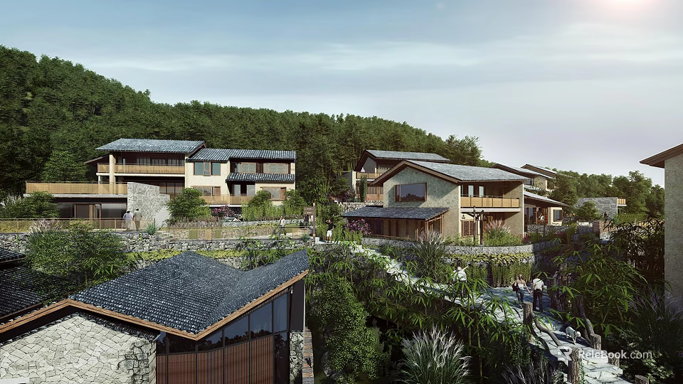Rural Self-built House With Traditional Tile Roof Stone Path And Lush Mountain Greenery 3d model 