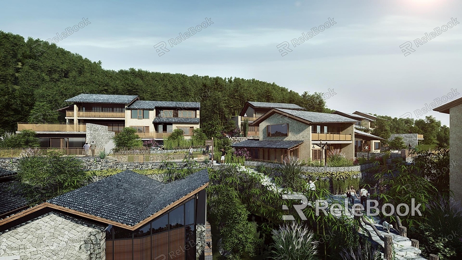 New Chinese Homestay Features Mountain Homestay Residential Residence Rural Residential Building model