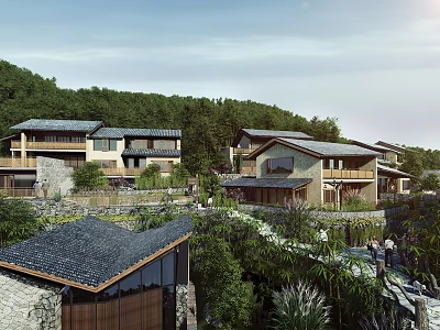 Rural Self-built House With Traditional Tile Roof Stone Path And Lush Mountain Greenery 3d model