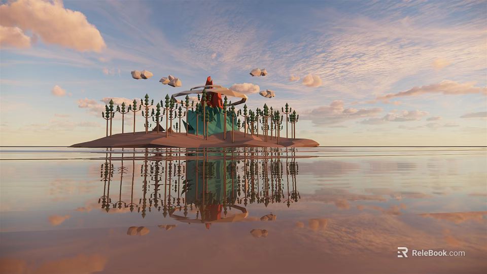 Tropical Island Scenic View With Palm Trees Water Reflection And Sky 3d model 