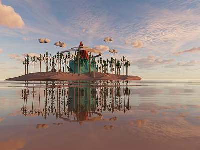 Tropical Island Scenic View With Palm Trees Water Reflection And Sky 3d model