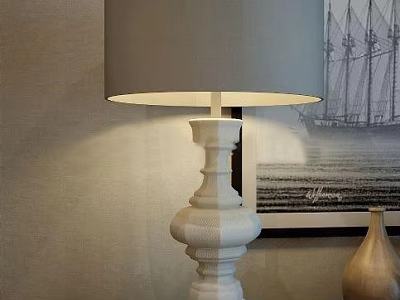 White Ceramic Base Table Lamp With Gray Fabric Shade And Beige Wall Sailboat Art 3d model