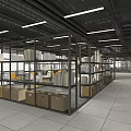 Contemporary Interior Space Featuring Metal Shelving Cardboard Boxes Yellow Chairs Black Ceiling And Linear Lights