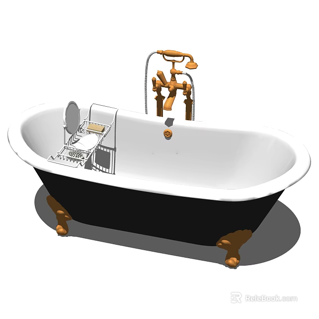 White And Black Bathtub With Gold Faucet Shower And Brass Feet Classic Design 3d model 