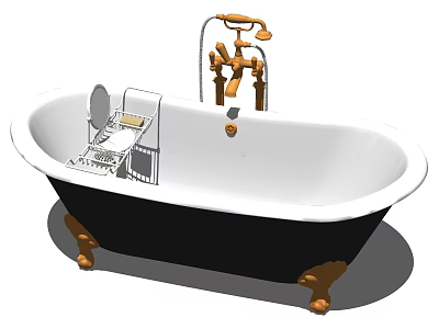 White And Black Bathtub With Gold Faucet Shower And Brass Feet Classic Design 3d model