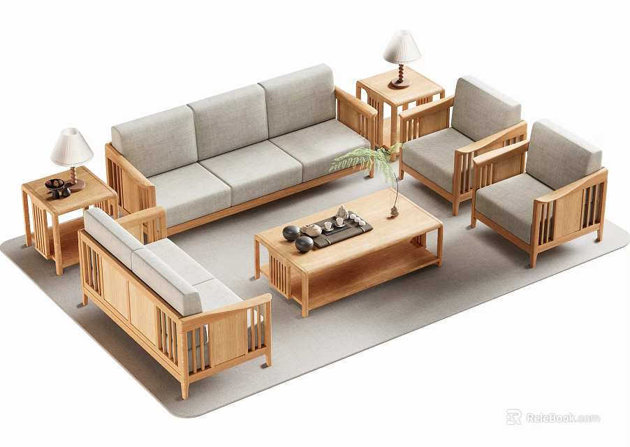 Minimalist Wooden Sofa and Coffee Table Set With Armchairs Side Tables and Table Lamps 3d model 