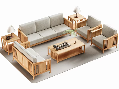Minimalist Wooden Sofa and Coffee Table Set With Armchairs Side Tables and Table Lamps 3d model