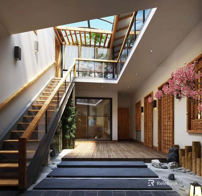Traditional Chinese Courtyard Interior With Wooden Staircase Green Plants And Skylight 3d model 