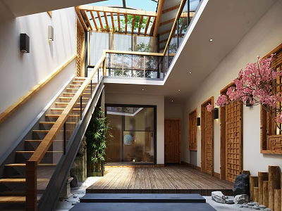 Traditional Chinese Courtyard Interior With Wooden Staircase Green Plants And Skylight 3d model