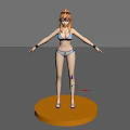Woman in Bikini with Sunglasses Standing on Yellow Round Platform Arms Outstretched