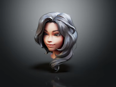Female Character 3D Model with Long Gray Curly Hair Clear Facial Features in Dark Background 3d model