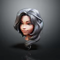 Female Character 3D Model with Long Gray Curly Hair Clear Facial Features in Dark Background