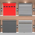 Various Modern Garage Doors Installed On Brick Wall With Control Panels 3d model