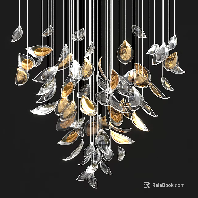 Elegant Modern Leaf Shaped Chandelier With Shiny Metallic And Clear Hanging Elements 3d model
