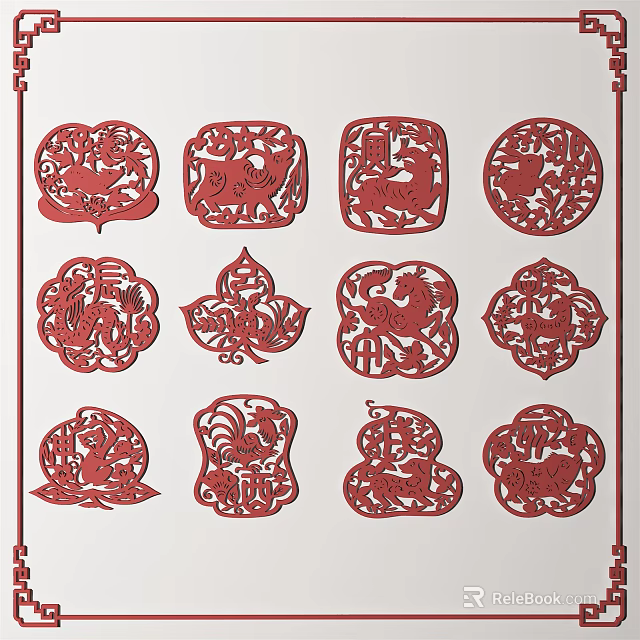 Traditional Red Carved Paper Art with Animal Motifs and Various Shapes for Cultural Decoration 3d model 