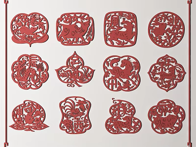 Traditional Red Carved Paper Art with Animal Motifs and Various Shapes for Cultural Decoration 3d model