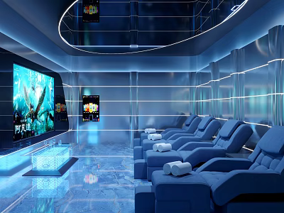 SPA Sauna Relaxation Lounge With Blue Reclining Chairs White Towels And Large Underwater Screen 3d model