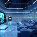 SPA Sauna Relaxation Lounge With Blue Reclining Chairs White Towels And Large Underwater Screen