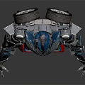 Futuristic Armored Game and Movie Character With Metallic Blue Red Mechanical Design