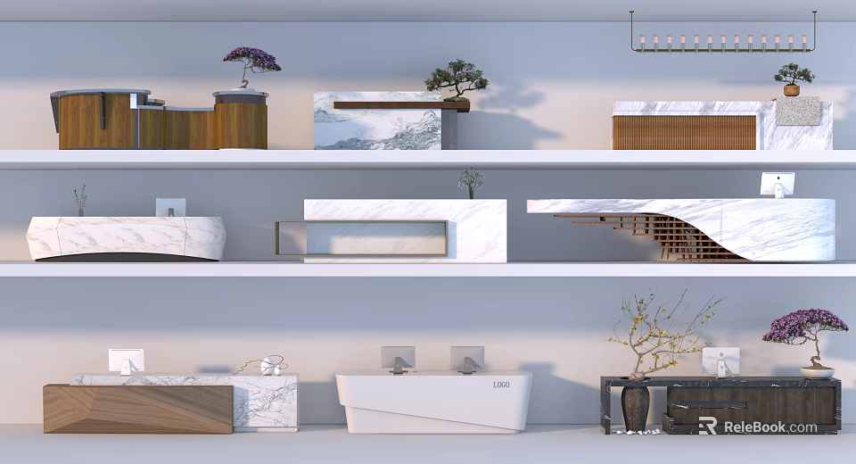 Modern Reception Desk Interior With Marble Wooden Layered Design And Decorative Plants Pendant Lighting 3d model 