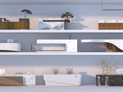 Modern Reception Desk Interior With Marble Wooden Layered Design And Decorative Plants Pendant Lighting 3d model