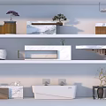 Modern Reception Desk Interior With Marble Wooden Layered Design And Decorative Plants Pendant Lighting