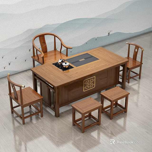 Traditional Wooden Tea Table Set With Tea Set Chairs And Mountain Pattern Wall 3d model