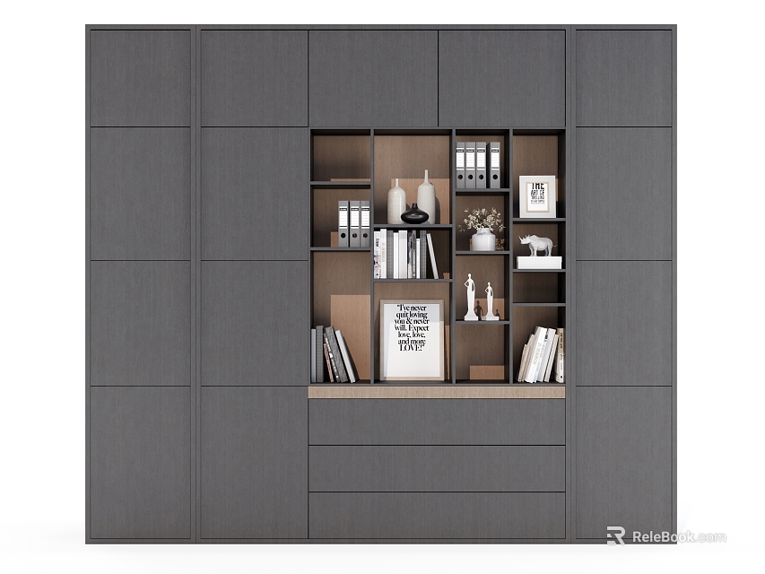 Modern Dark Gray Bookcase With Open Shelves And Books Decorative Items Photo Frame Potted Plant 3d model 