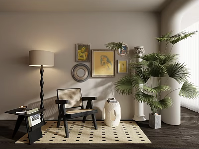 Stylish Accent Chair In Cozy Living Room With Floor Lamp Framed Art And Palm Plant 3d model