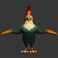 Colorful 3D Rooster Character With Green Body White Neck Red Yellow Crest And Orange Wings