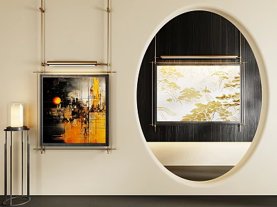 Modern Abstract Painting With Orange Black Tones In Elegant Interior Wall Decor 3d model
