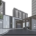 Modern Residential Entrance With High Rise Buildings Car Pedestrians And Water Feature