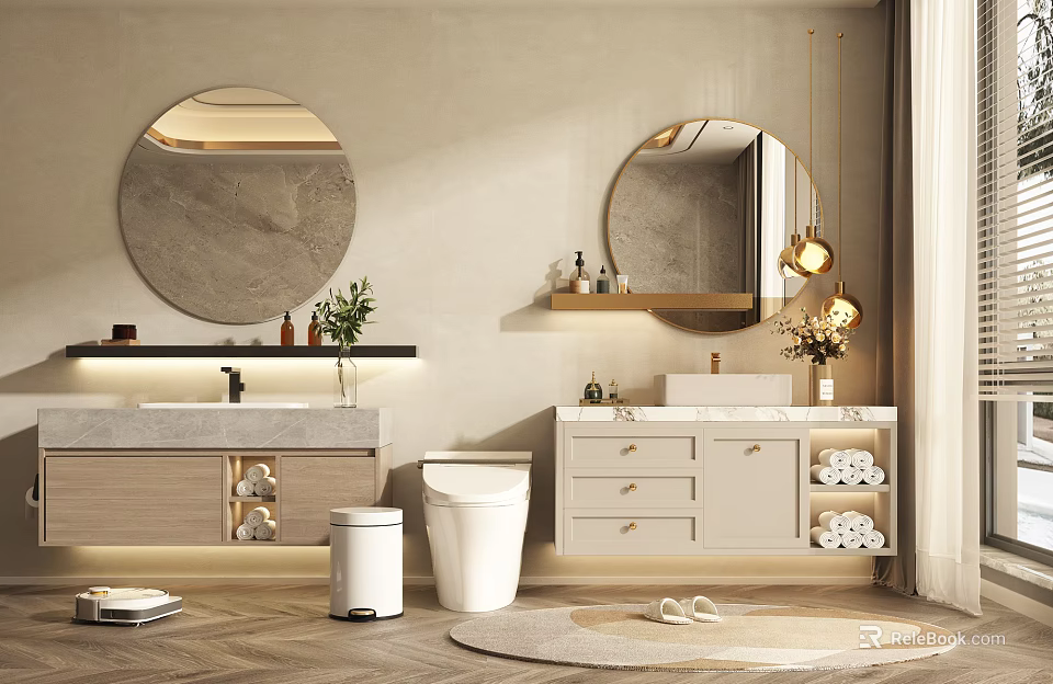 Modern Bathroom Vanity Cabinet With Marble Countertop Round Mirror Pendant Lights And Storage Drawers 3d model 