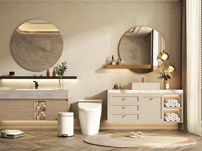 Modern Bathroom Vanity Cabinet With Marble Countertop Round Mirror Pendant Lights And Storage Drawers 3d model