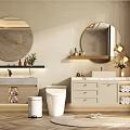 Modern Bathroom Vanity Cabinet With Marble Countertop Round Mirror Pendant Lights And Storage Drawers