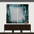 Modern Abstract Painting With Blue White Black Colors Above Wooden Cabinet And Decorations