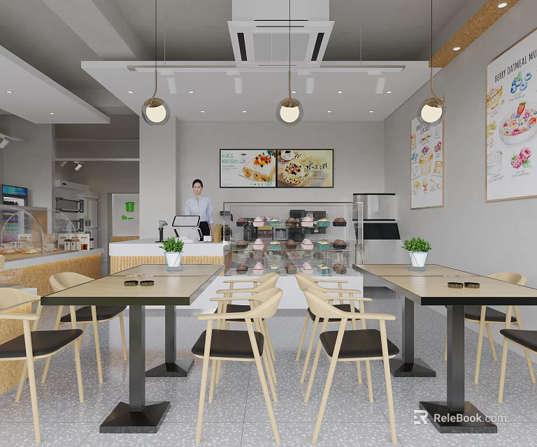 Bright Dessert Shop Interior With Wooden Tables Chairs Hanging Lights And Wall Posters 3d model 