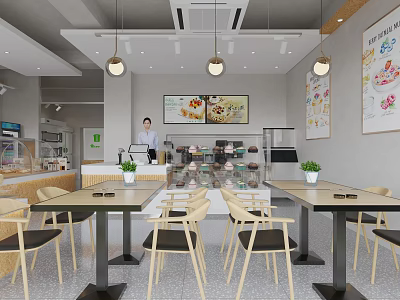Bright Dessert Shop Interior With Wooden Tables Chairs Hanging Lights And Wall Posters 3d model
