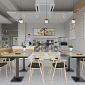 Bright Dessert Shop Interior With Wooden Tables Chairs Hanging Lights And Wall Posters
