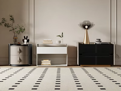 Stylish Modern Nightstands With Black White Drawers Gold Accents Books Lamp And Plants 3d model